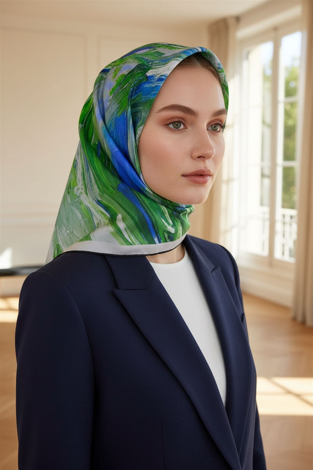 %100 Twill İpek Fırça Darbesi Desenli Saks - Zümrüt Yeşili Renkli 90x90 Eşarp Dikim Şekli : El Dikişi