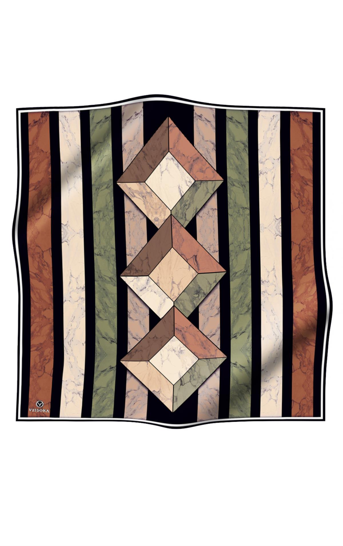 %100 Twill İpek Geometrik Mermer Desenli Haki - Bakır Renkli 90x90 Eşarp Dikim Şekli : El Dikişi