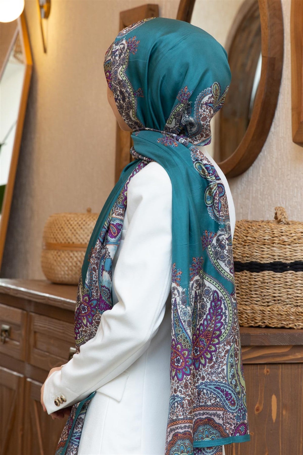 100% İpek Etro Desenli Petrol Yeşili Renkli 92x210 Şal