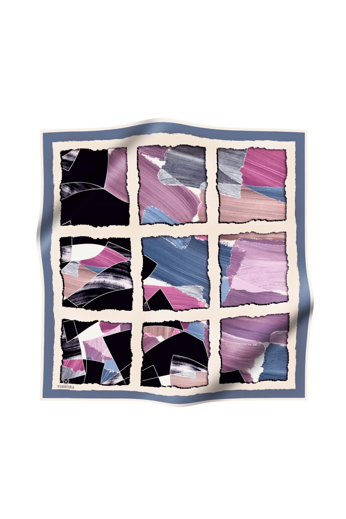 %100 Twill İpek Geometrik Desenli Bebe Mavisi - Pembe Renkli 90x90 Eşarp Dikim Şekli : El Dikişi