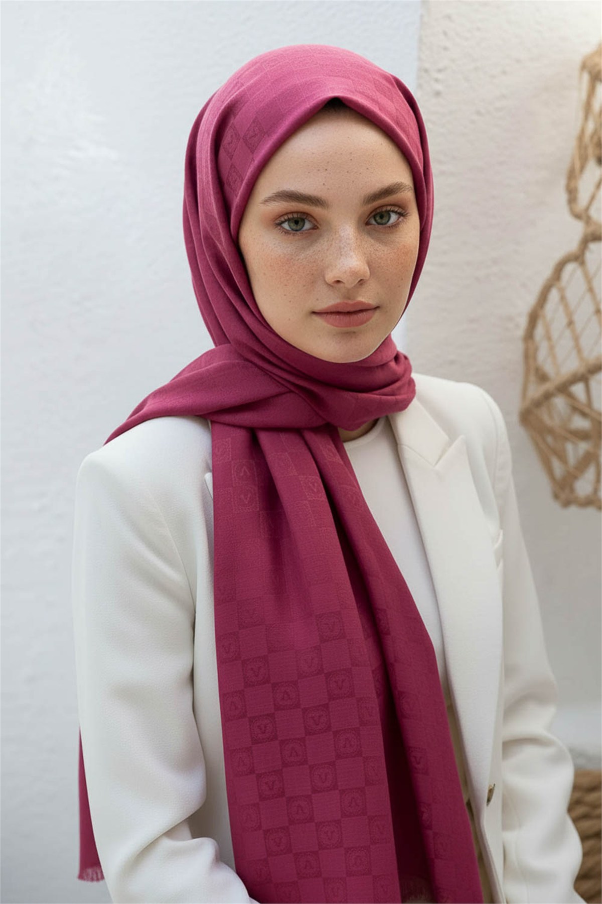 Vissona %57 İPEK %43 PAMUK Monogram Desenli Şarabi Renkli Şal -  70x190 Dikiş Tipi İtalyan Dikişli