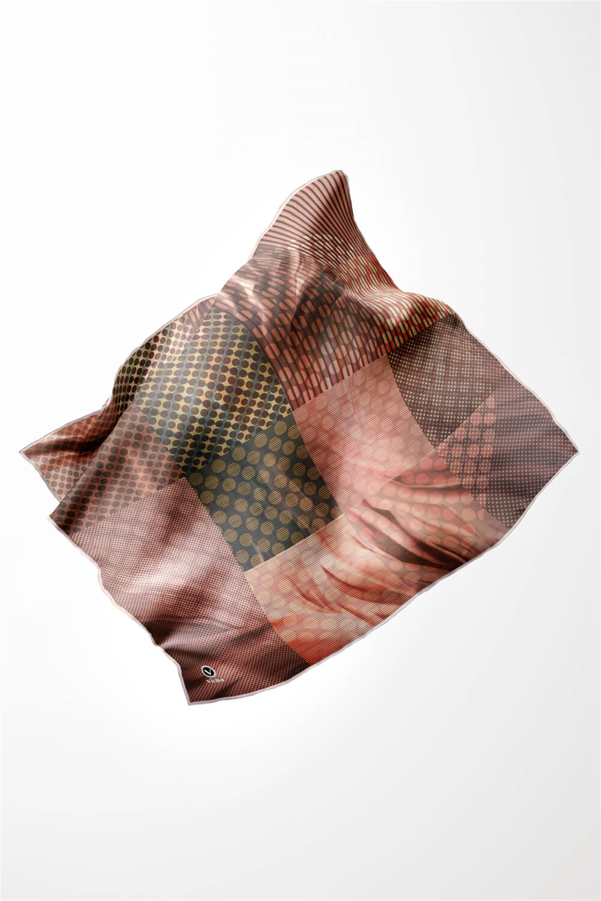 Twill Geometrik Desenli Bakır Renkli 90x90 Eşarp (İpek İçermez) Kenar Dikiş Şekli El Dikişli