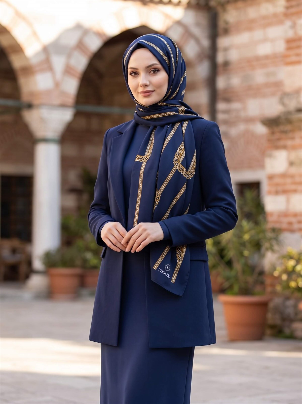 KREP ZİNCİR DESENLİ LACİVERT RENKLİ 75X195 KIRIŞMAZ ŞAL