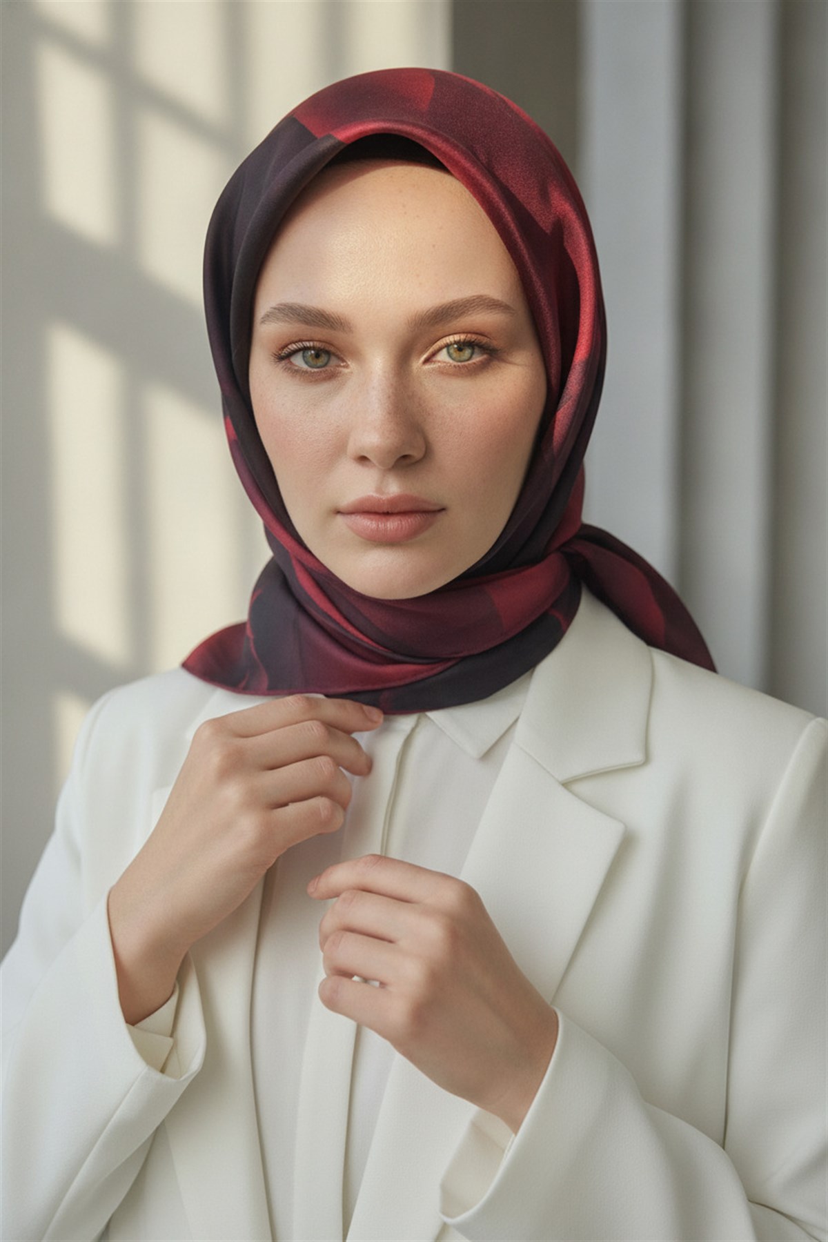 %100 Twill İpek Çiçek Desenli Bordo Renkli 90x90 Eşarp Dikim Şekli : El Dikişi