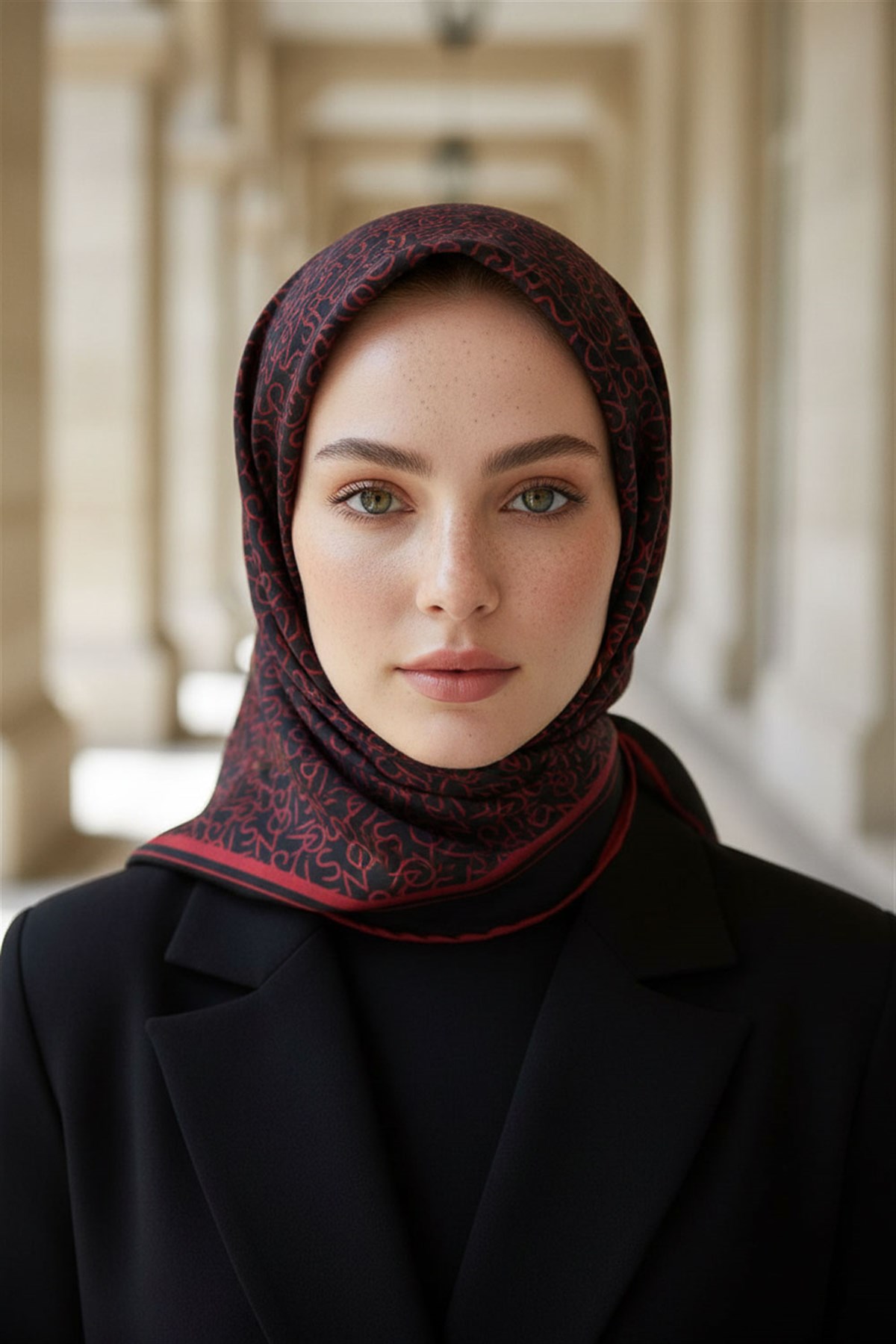 %100 Twill İpek Harf Desenli Siyah - Kırmızı Renkli 90x90 Eşarp Dikim Şekli : El Dikişi