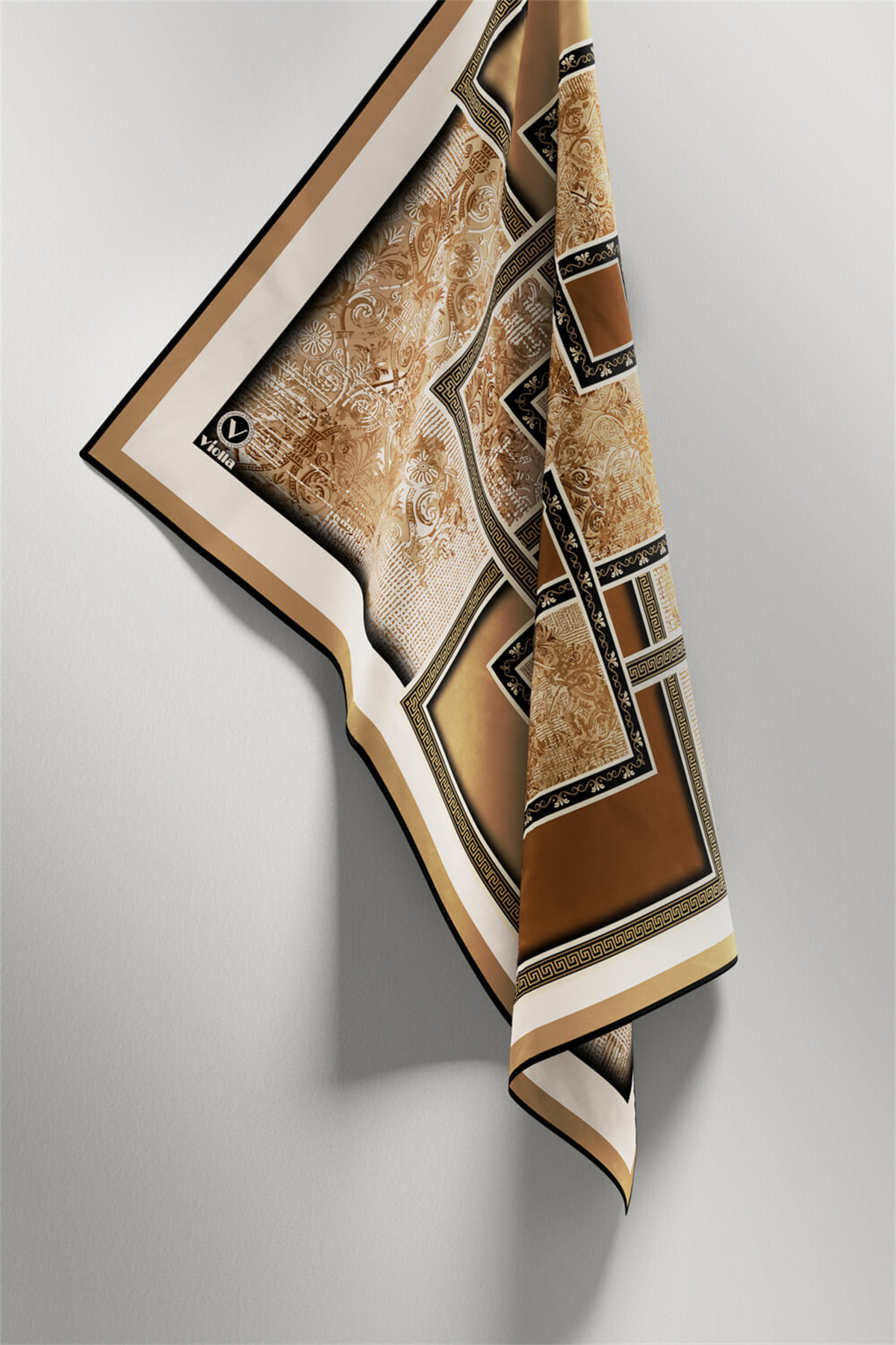 Twill Geometrik Desenli Hardal Renkli 90x90 Eşarp (İpek İçermez) Kenar Dikiş Şekli El Dikişli