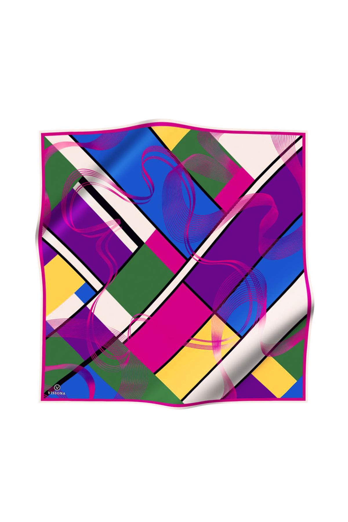 %100 Twill İpek Geometrik Desenli Zümrüt Yeşili - Fuşya Renkli 90x90 Eşarp Dikim Şekli : El Dikişi