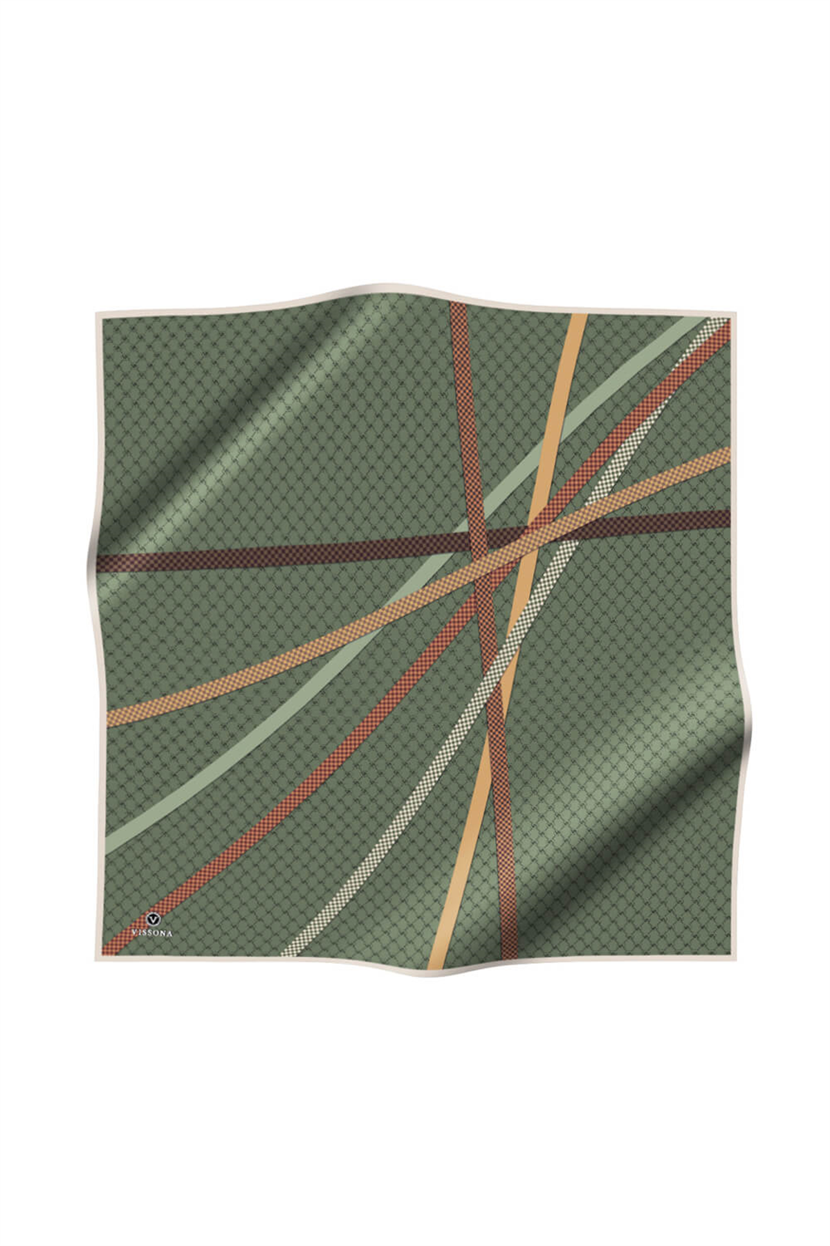 %57 İPEK %43 VİSKON Twill İpek Monogram Ve Şerit Desenli Haki - Taba  Renkli 90x90 Eşarp Dikim Şekli : El Dikişi