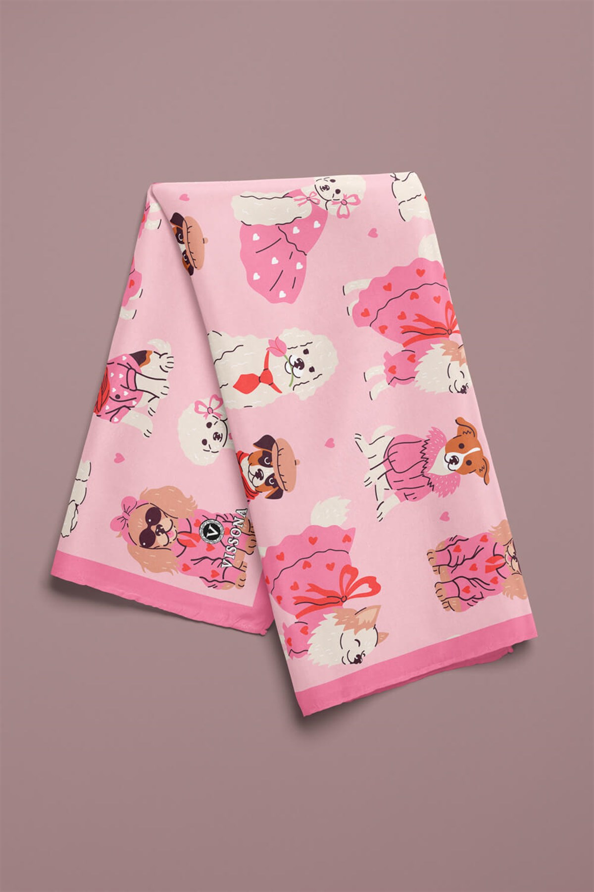 %100 İpek Süslü Köpek Desenli Kadın Bandana