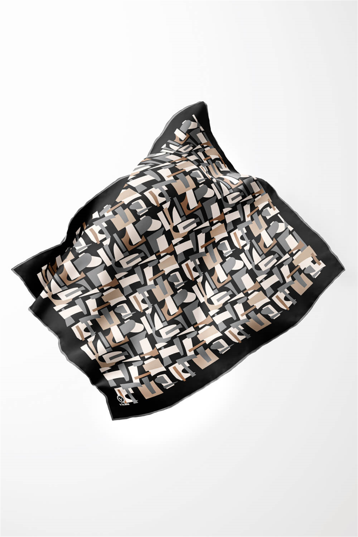 Twill Geometrik Desenli Bej - Gri Renkli 90x90 Eşarp (İpek İçermez) Dikim Şekli : El Dikişi