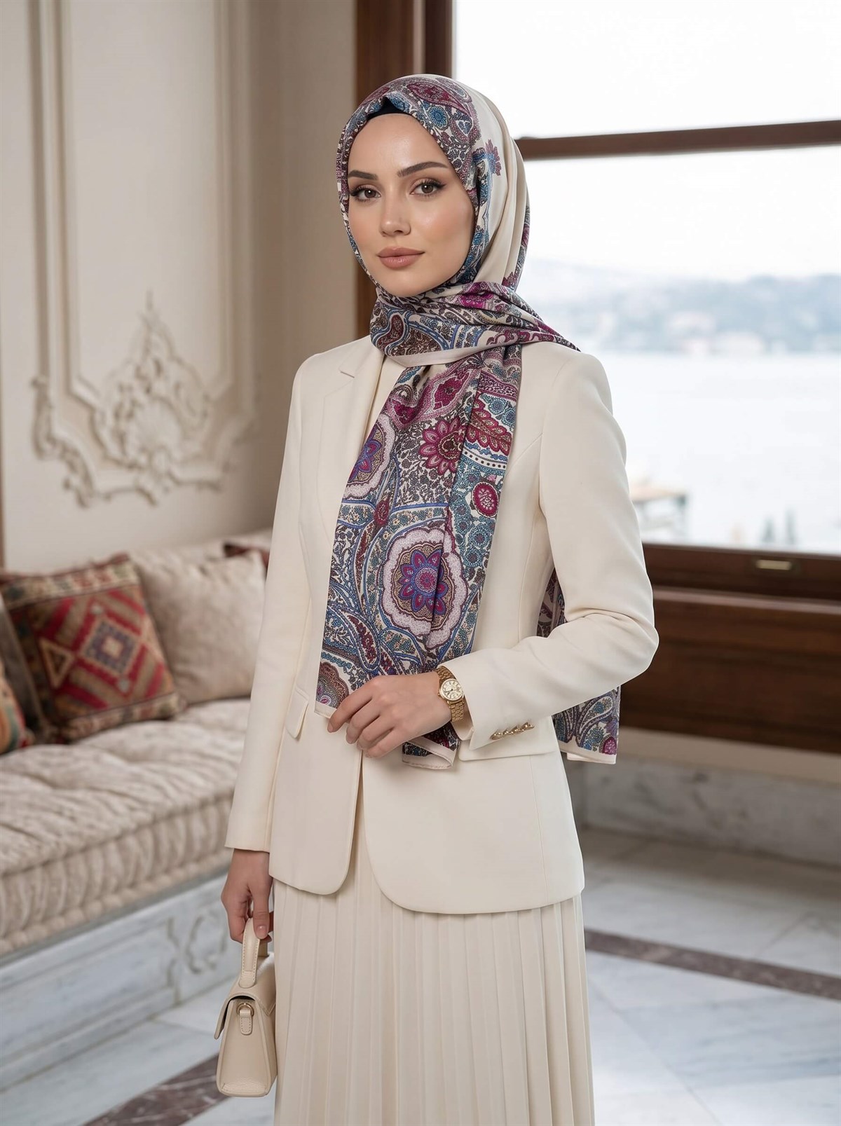 100% İpek Etro Desenli Krem - Mürdüm Renkli 92x210 Şal