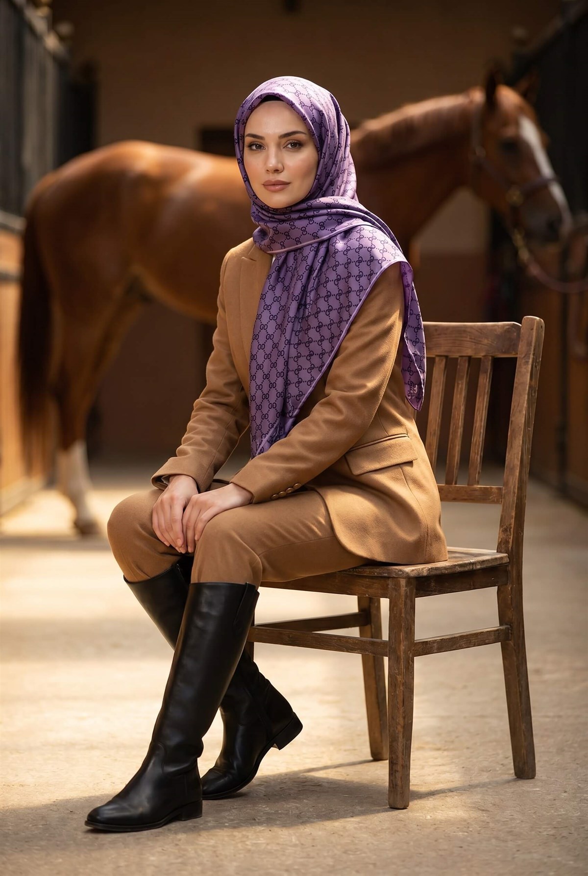 %100 Twill İpek Geometrik Desenli Lila Renkli 90x90 Eşarp Dikim Şekli : El Dikişi