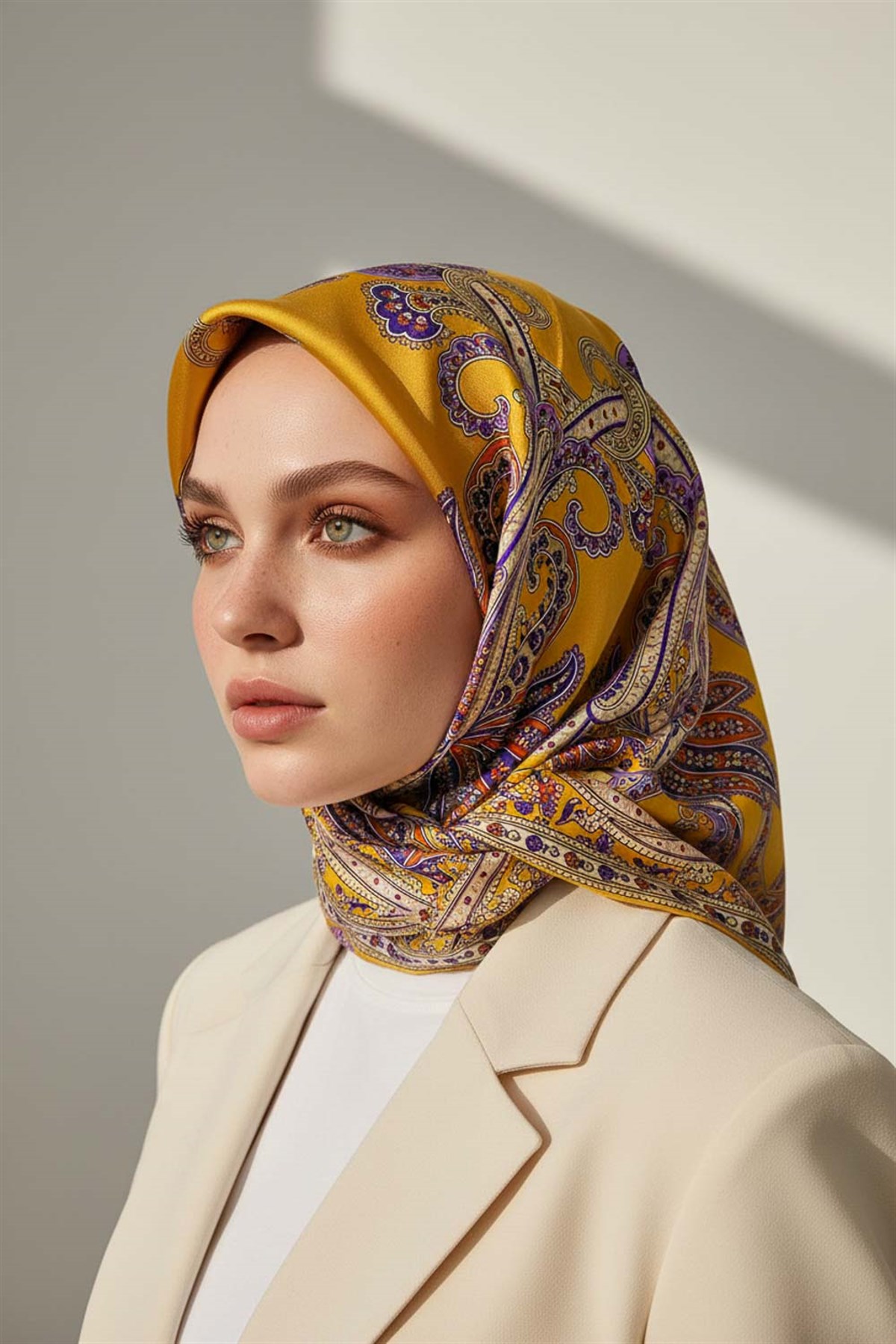 %100 Twill İpek Şal Desenli Gold Renkli 90x90 Eşarp Dikim Şekli : El Dikişi