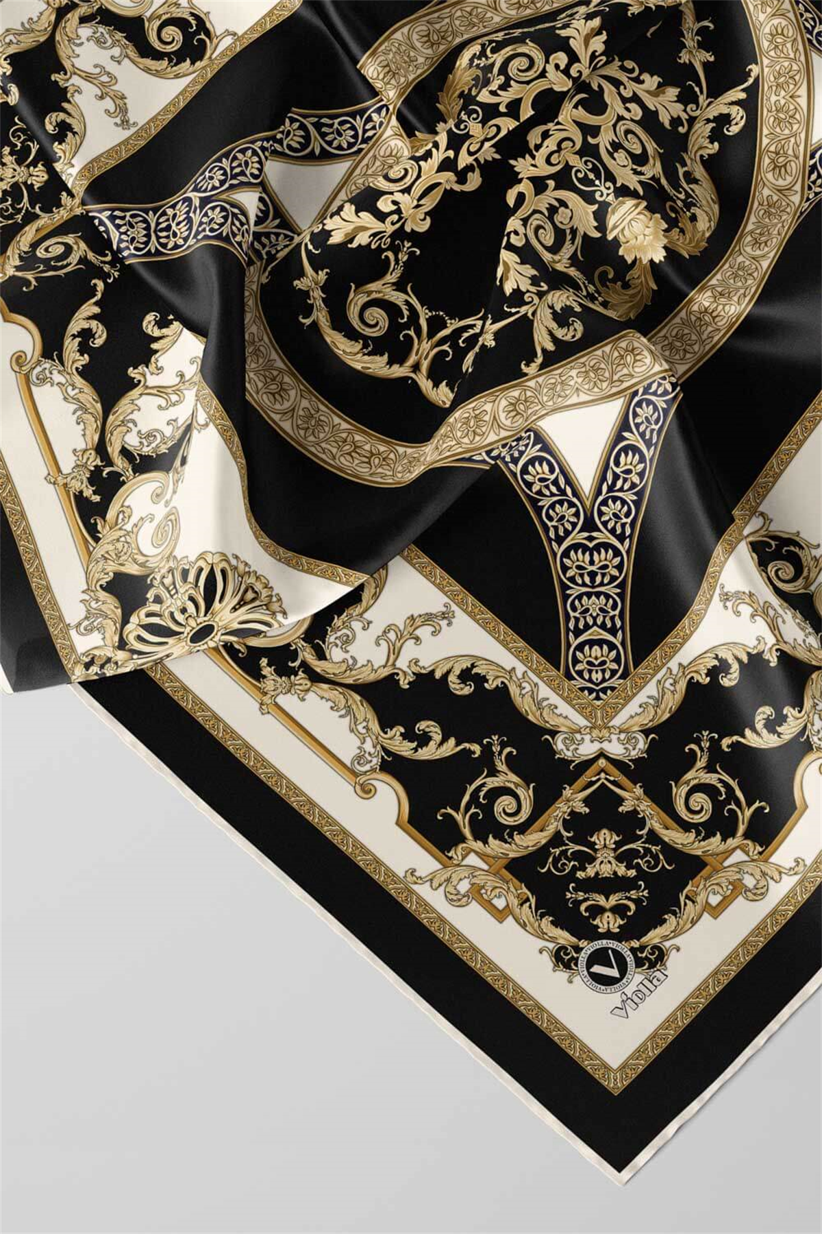 Twill Barok Desenli Siyah Renkli 90x90 Eşarp (İpek İçermez) Kenar Dikiş Şekli El Dikişli