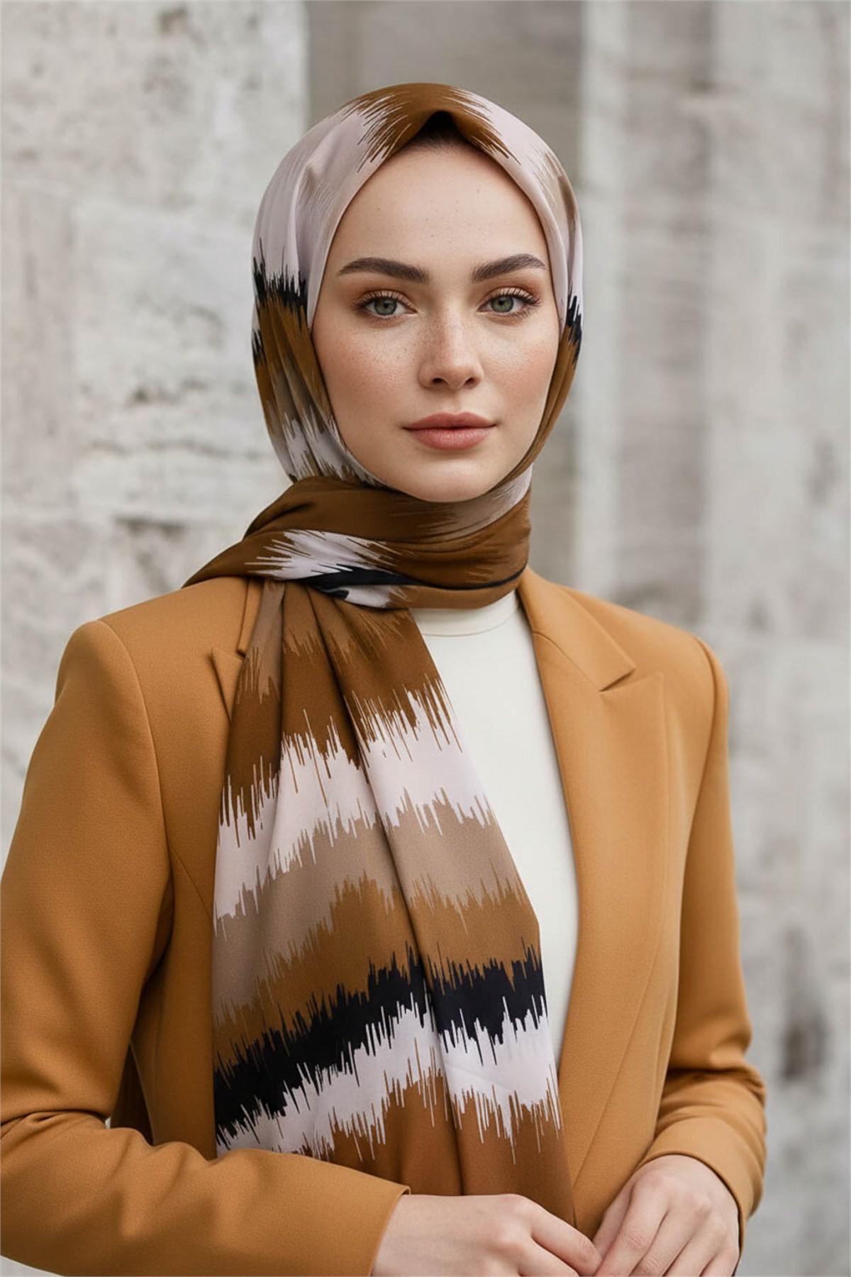 KREP FREKANS DESENLİ BEJ RENKLİ 75X195 KIRIŞMAZ ŞAL