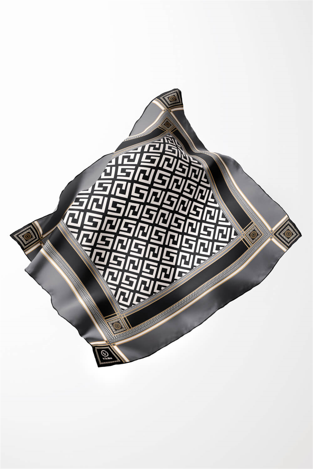 Twill Antik Desenli Gri Renkli 90x90 Eşarp (İpek İçermez) Kenar Dikiş Şekli El Dikişli