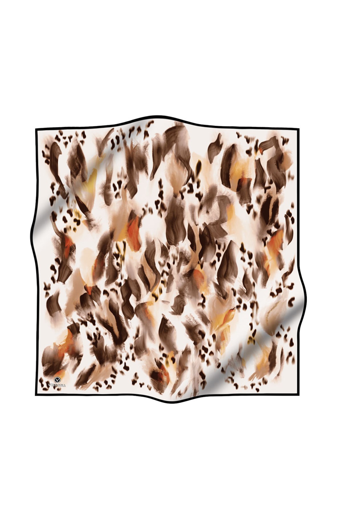 %100 Twill İpek Batik Desenli Sütlü Kahve - Turuncu Renkli 90x90 Eşarp Dikim Şekli : El Dikişi