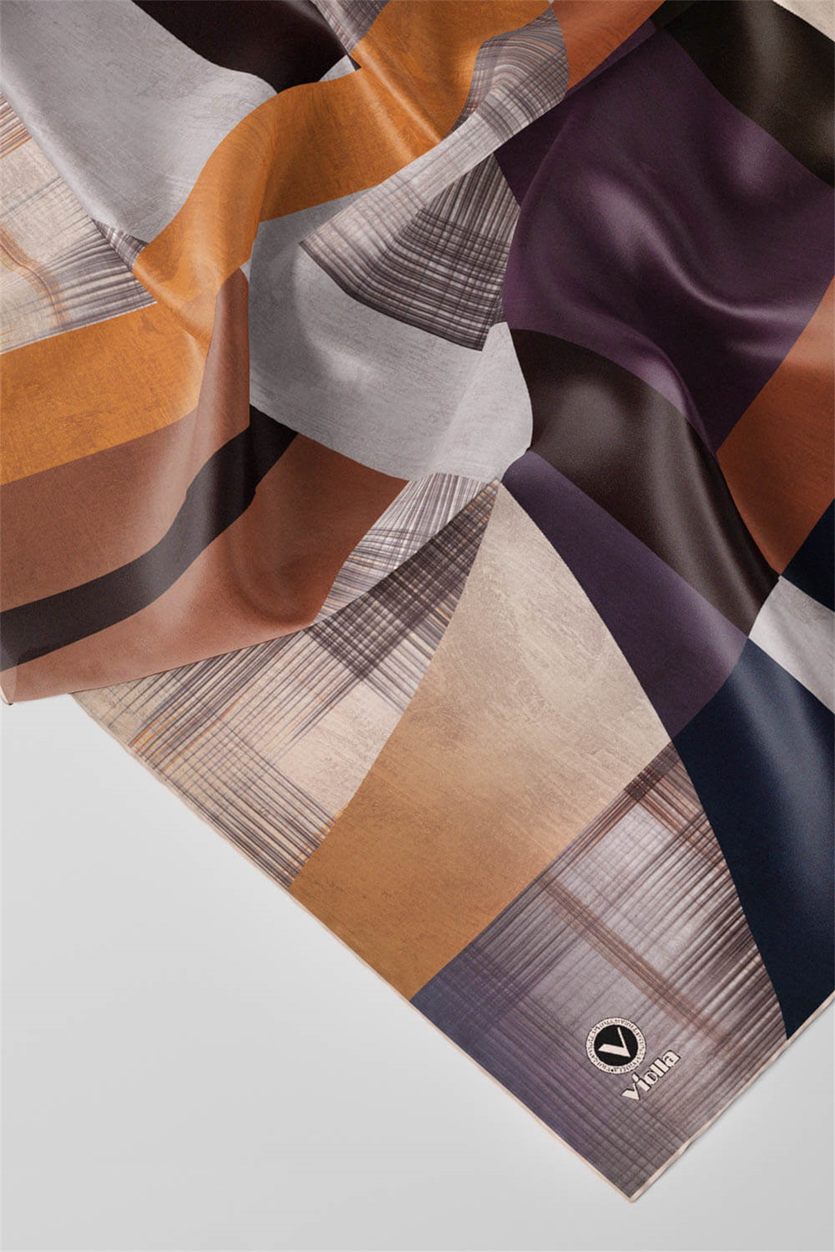 Twill Geometrik Desenli Lila Renkli 90x90 Eşarp (İpek İçermez) Kenar Dikiş Şekli El Dikişli