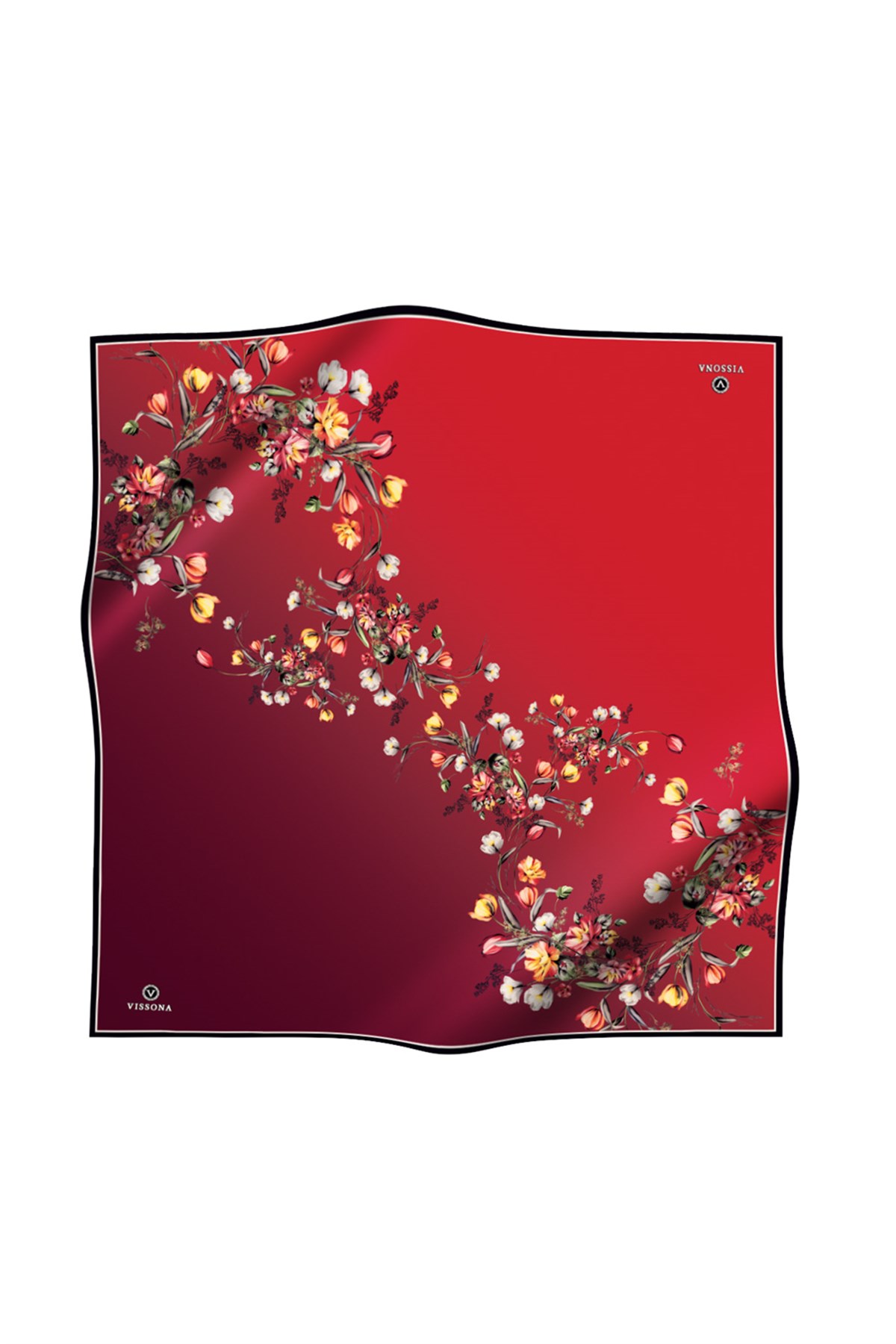 %100 Twill İpek Sonsuz Çiçek Desenli Bordo Renkli 90x90 Eşarp Dikim Şekli : El Dikişi