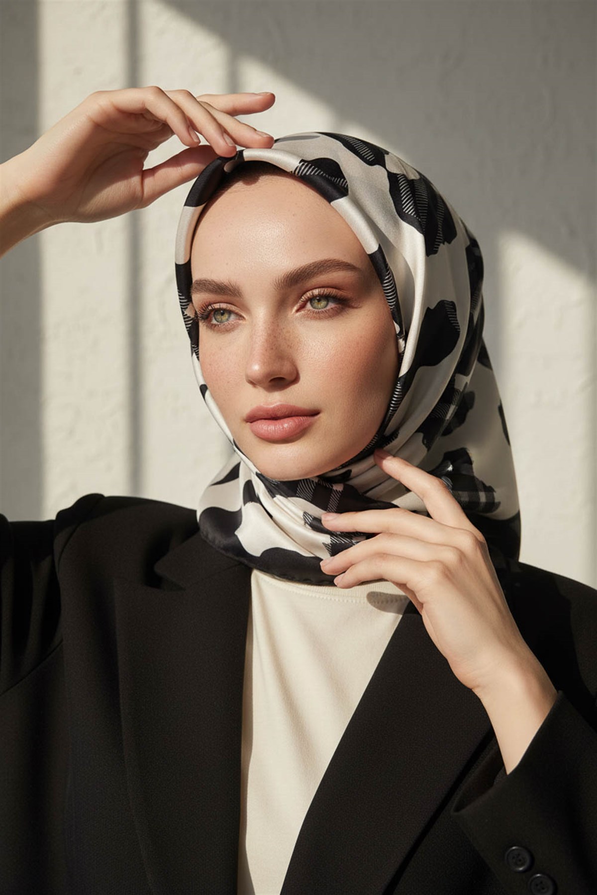 %100 Twill İpek Leopar Desenli Krem - Siyah Renkli 90x90 Eşarp Dikim Şekli : El Dikişi