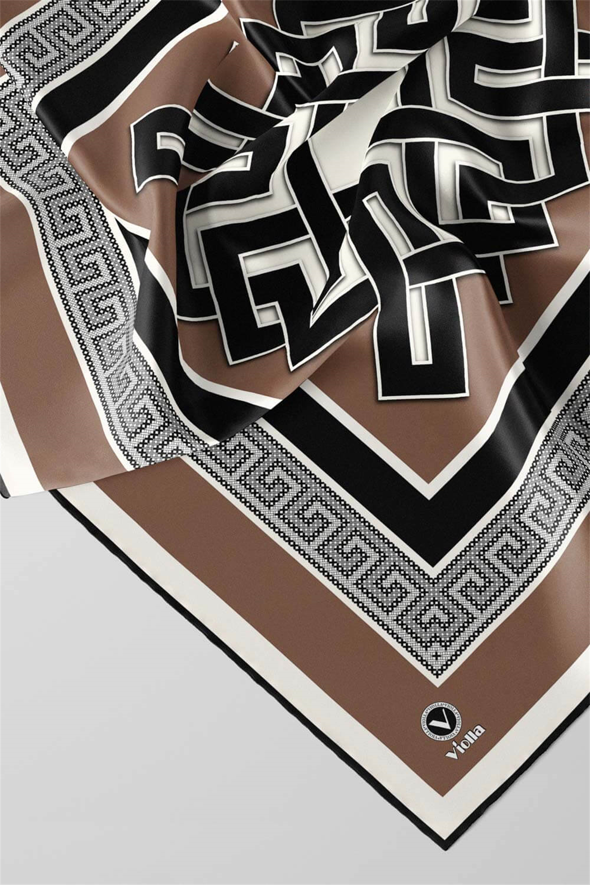 Twill Çizgili Sonsuzluk Düğümü Desenli Bej Renkli 90x90 Eşarp (İpek İçermez)