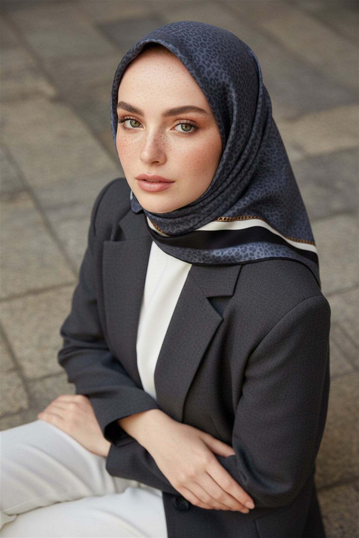 %100 Twill İpek Leopar Desenli Gri Renkli 90x90 Eşarp Dikim Şekli : El Dikişi