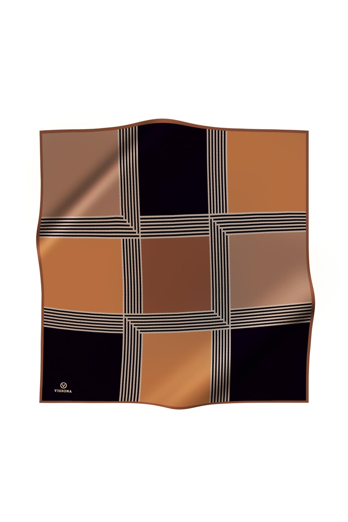 %100 Twill İpek Geometrik Desenli Hardal Renkli 90x90 Eşarp Dikim Şekli : El Dikişi