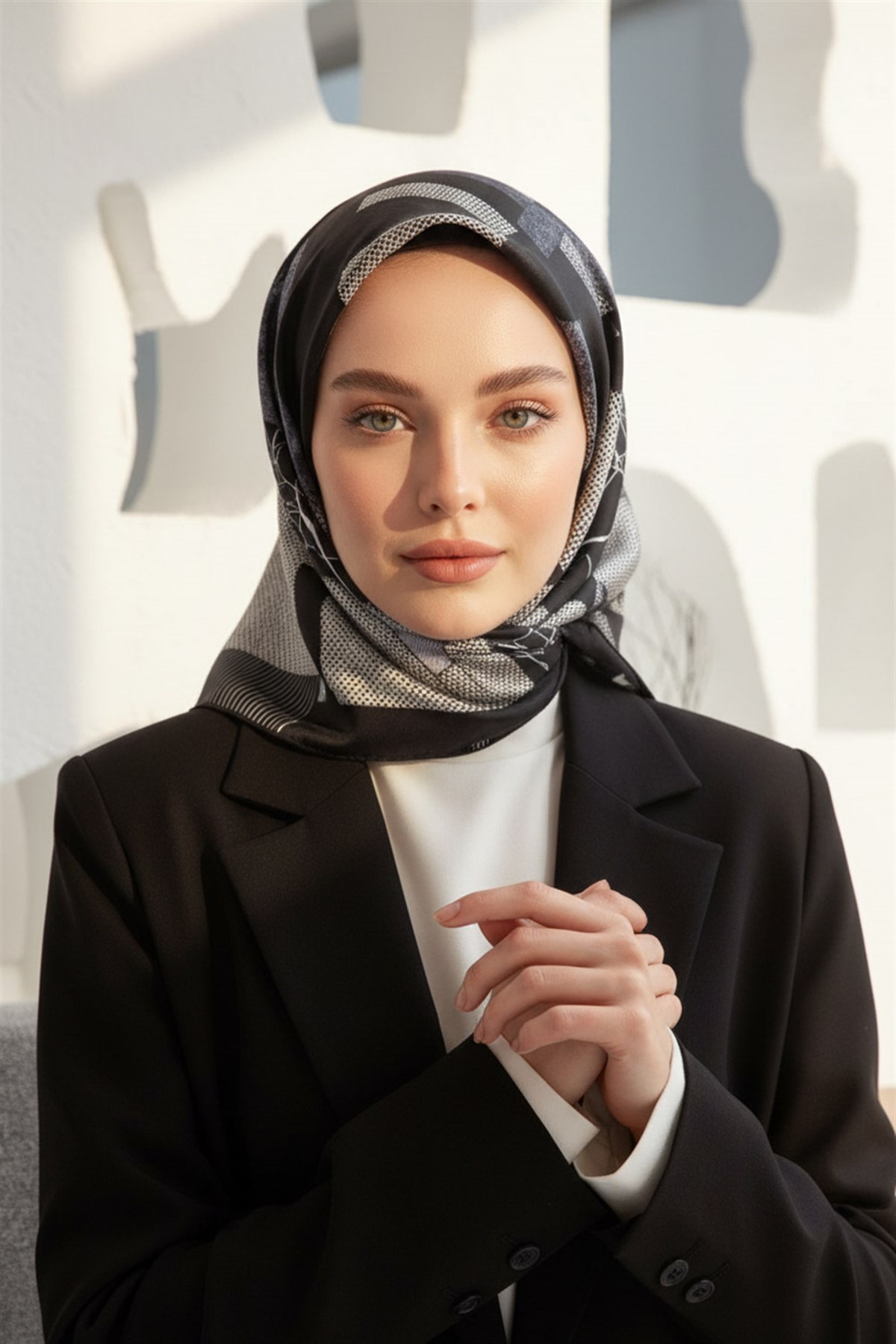 %100 Twill İpek Geometrik Desenli Siyah - Gri Renkli 90x90 Eşarp Dikim Şekli : El Dikişi