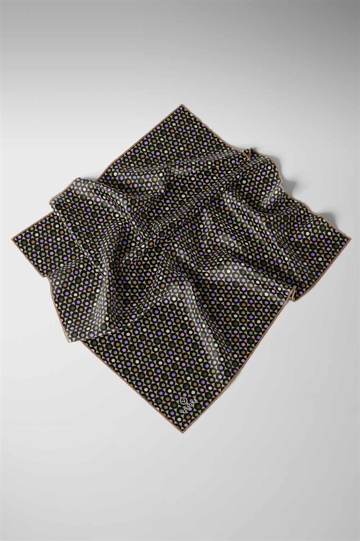 %100 Twill İpek Nokta Desenli Siyah - Bakır Renkli 90x90 Eşarp Dikim Şekli : El Dikişi