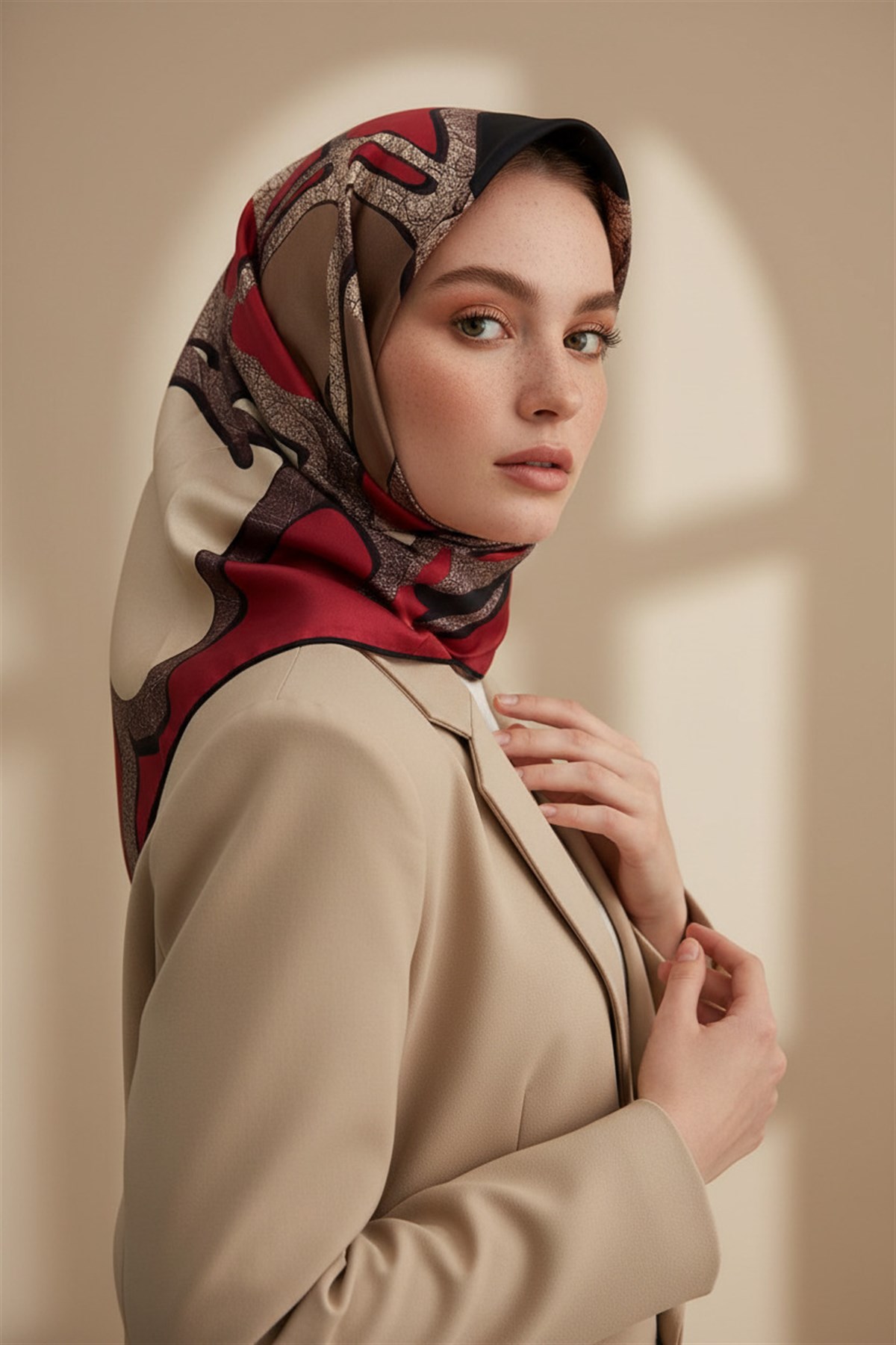 % 57 İPEK % 43 VİSKON Twill İpek Gold Efektli Geometrik Desenli Bordo - Siyah Renkli 90x90 Eşarp Dikim Şekli : El Dikişi