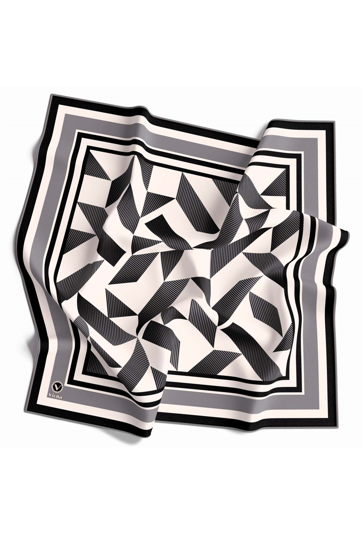 Twill Geometrik Desenli Gri Renkli 90x90 Eşarp (İpek İçermez) Kenar Dikiş Şekli El Dikişli