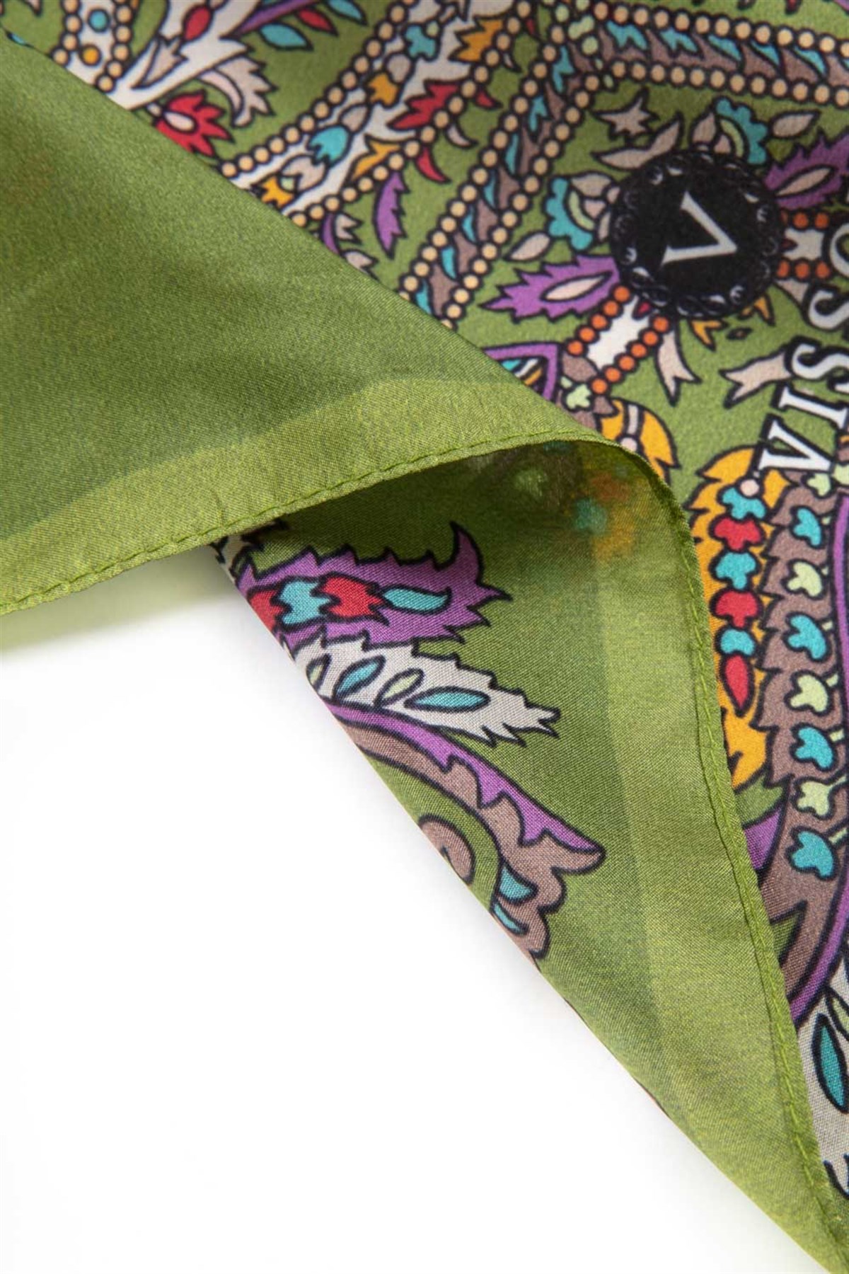 100% İpek Etro Desenli Fıstık Yeşili - Kırmızı Renkli 92x210 Şal