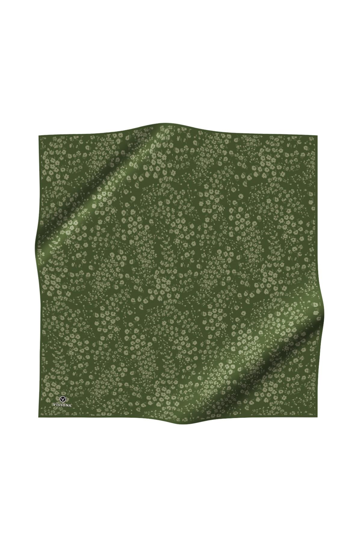 %100 Twill İpek Çıtır Çiçek Desenli Haki Renkli 90x90 Eşarp Dikim Şekli : El Dikişi