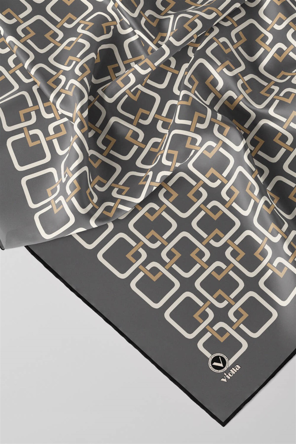 Twill Geometrik Desenli Gri Renkli 90x90 Eşarp (İpek İçermez) Kenar Dikiş Şekli El Dikişli