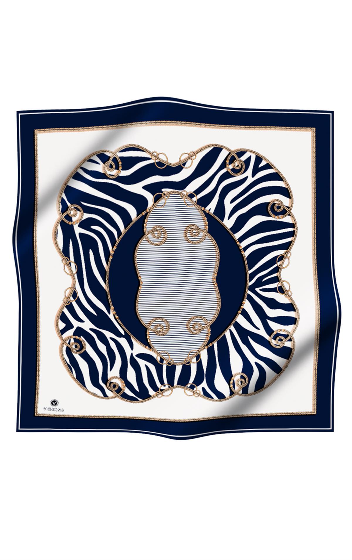 %100 Twill İpek Zincirli Ve Zebra Desenli Lacivert - Krem Renkli 90x90 Eşarp Dikim Şekli : El Dikişi