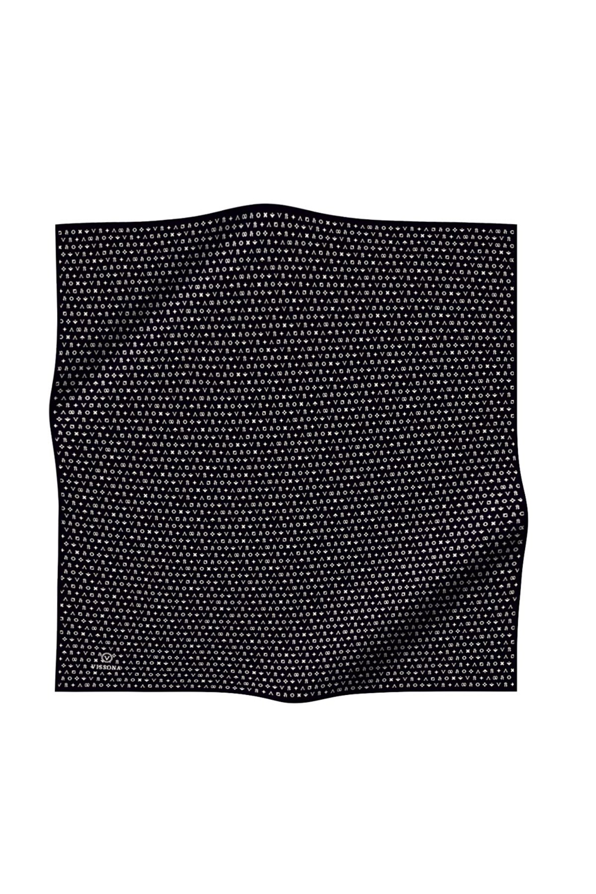 %100 Twill İpek Çıtır Motif Desenli Siyah - Krem Renkli 90x90 Eşarp Dikim Şekli : El Dikişi
