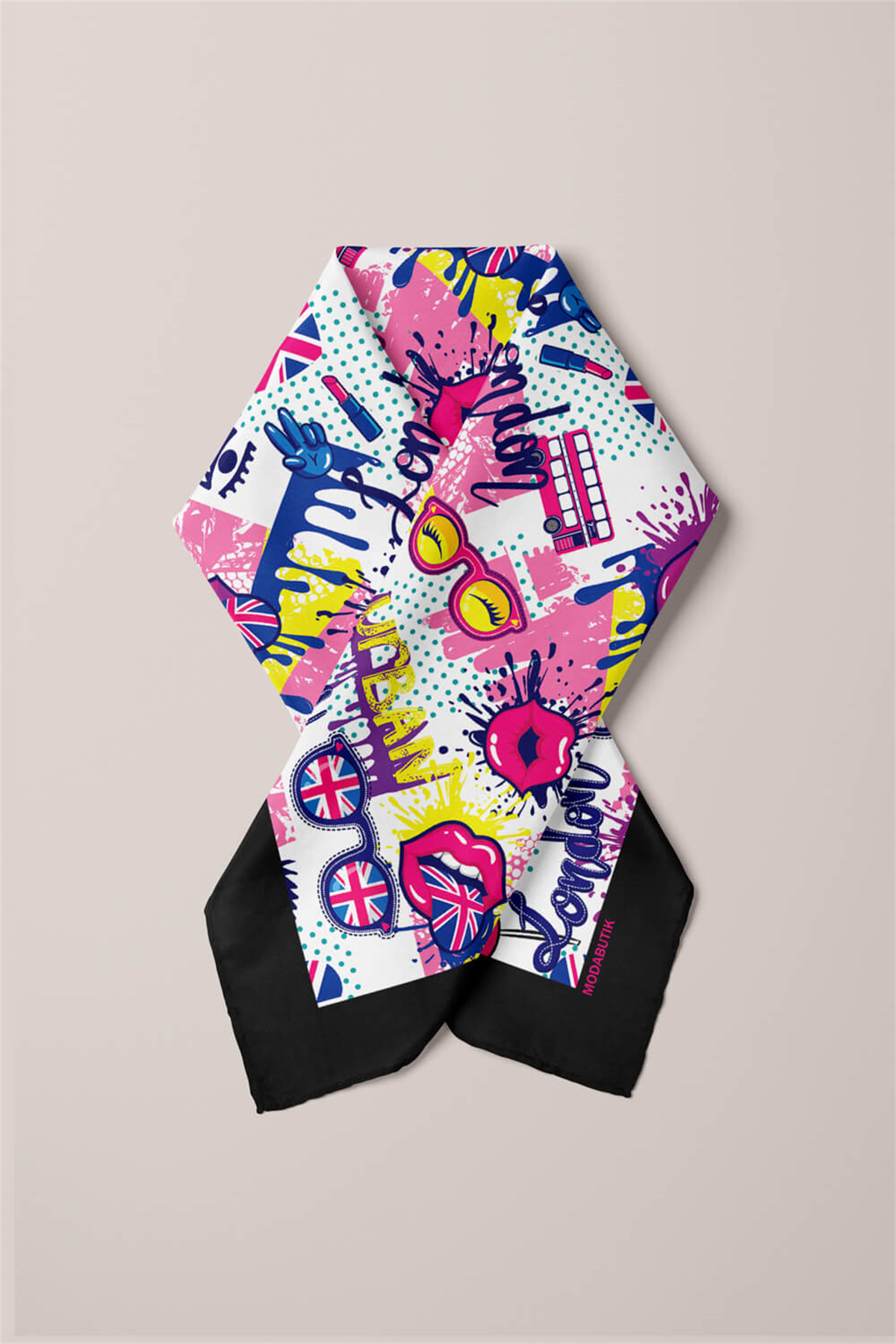 V28 Kadın Pembe Mavi London Desen Desenli 50x50 Bandana HYL DG0774-22