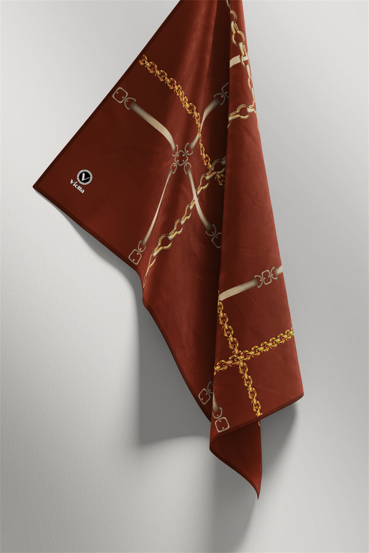 Twill Zincir ve Kemer Desenli Taba Renkli 90x90 Eşarp (İpek İçermez) Kenar Dikiş Şekli El Dikişli
