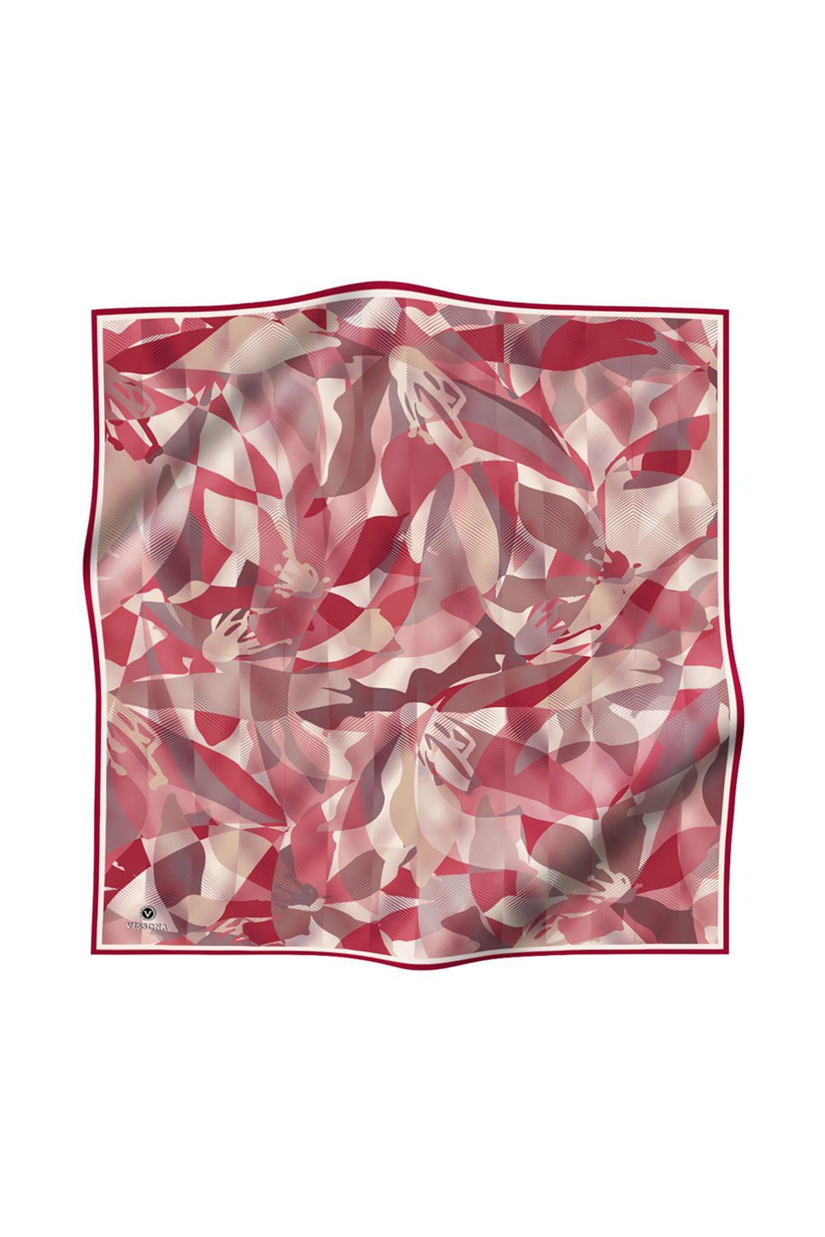 %100 Twill İpek Çiçek Desenli Bordo Renkli 90x90 Eşarp Dikim Şekli : El Dikişi