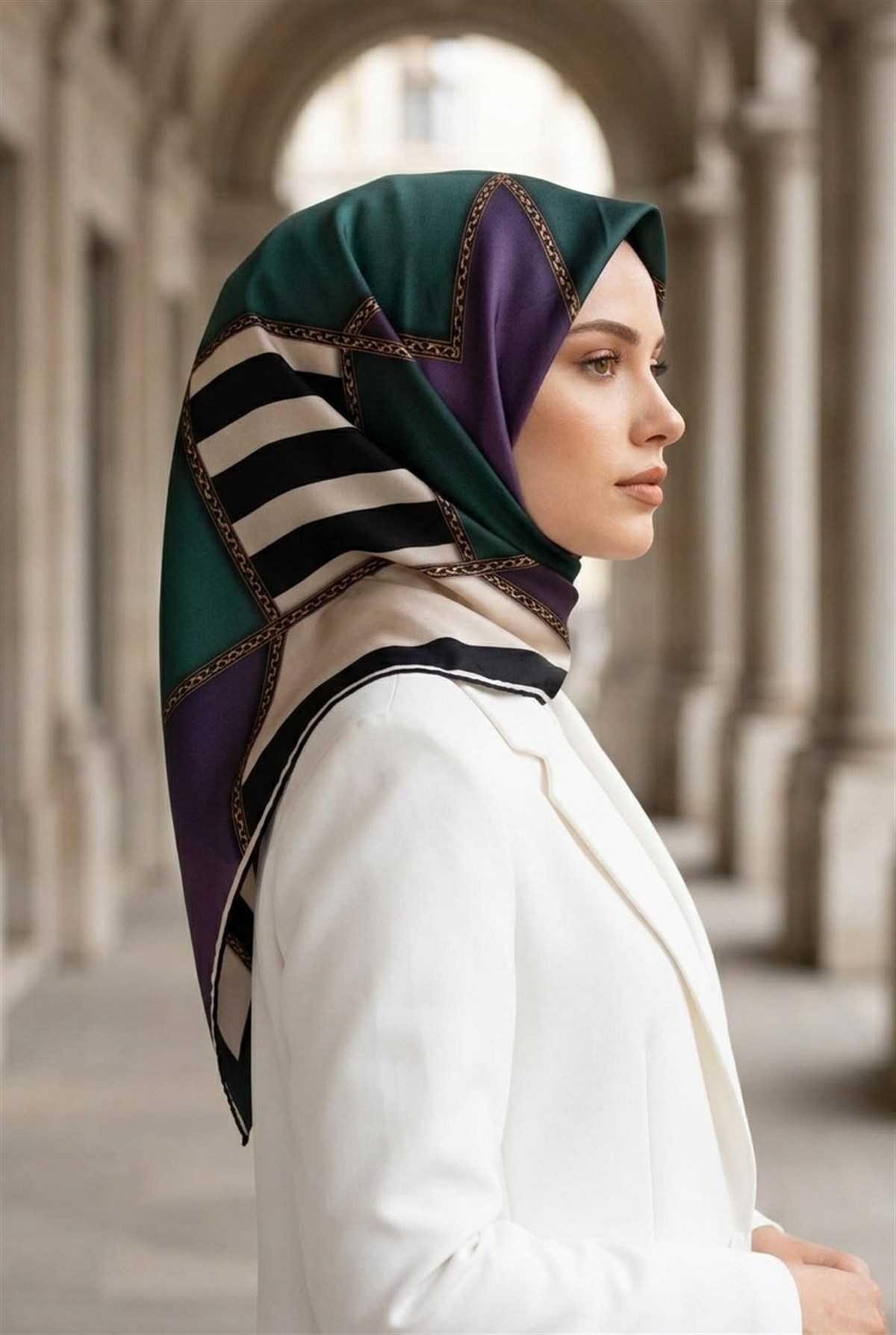 %100 Twill İpek Geometrik Desenli Lila - Petrol Yeşili Renkli 90x90 Eşarp Dikim Şekli : El Dikişi