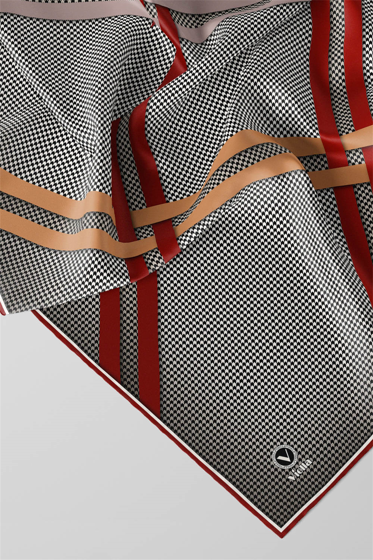 Twill Çizgili Pötikareli Çizgili Desenli Bordo - Bej Renkli 90x90 Eşarp (İpek İçermez)