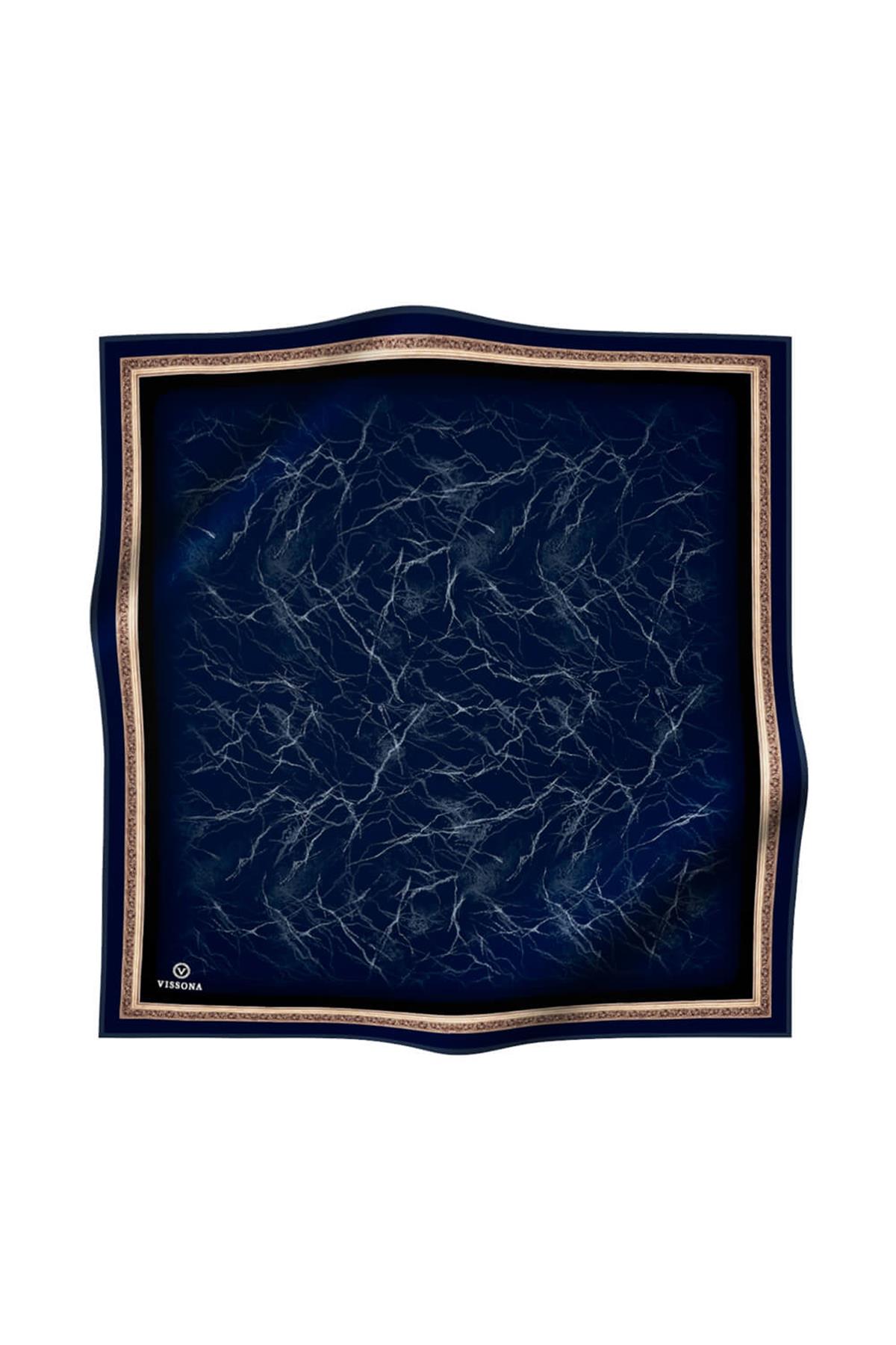 %100 Twill İpek Mermer Desenli Lacivert Renkli 90x90 Eşarp Dikim Şekli : El Dikişi
