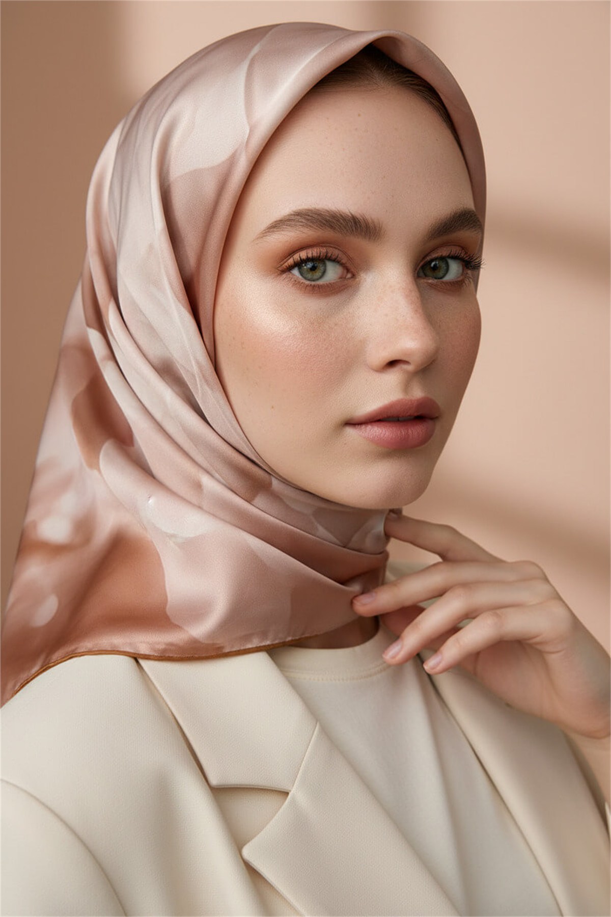 Rayon Büyük Çiçek Desenli Bej Renkli 90x90 Eşarp (İpek İçermez) Kenar Dikiş Şekli El Dikişli