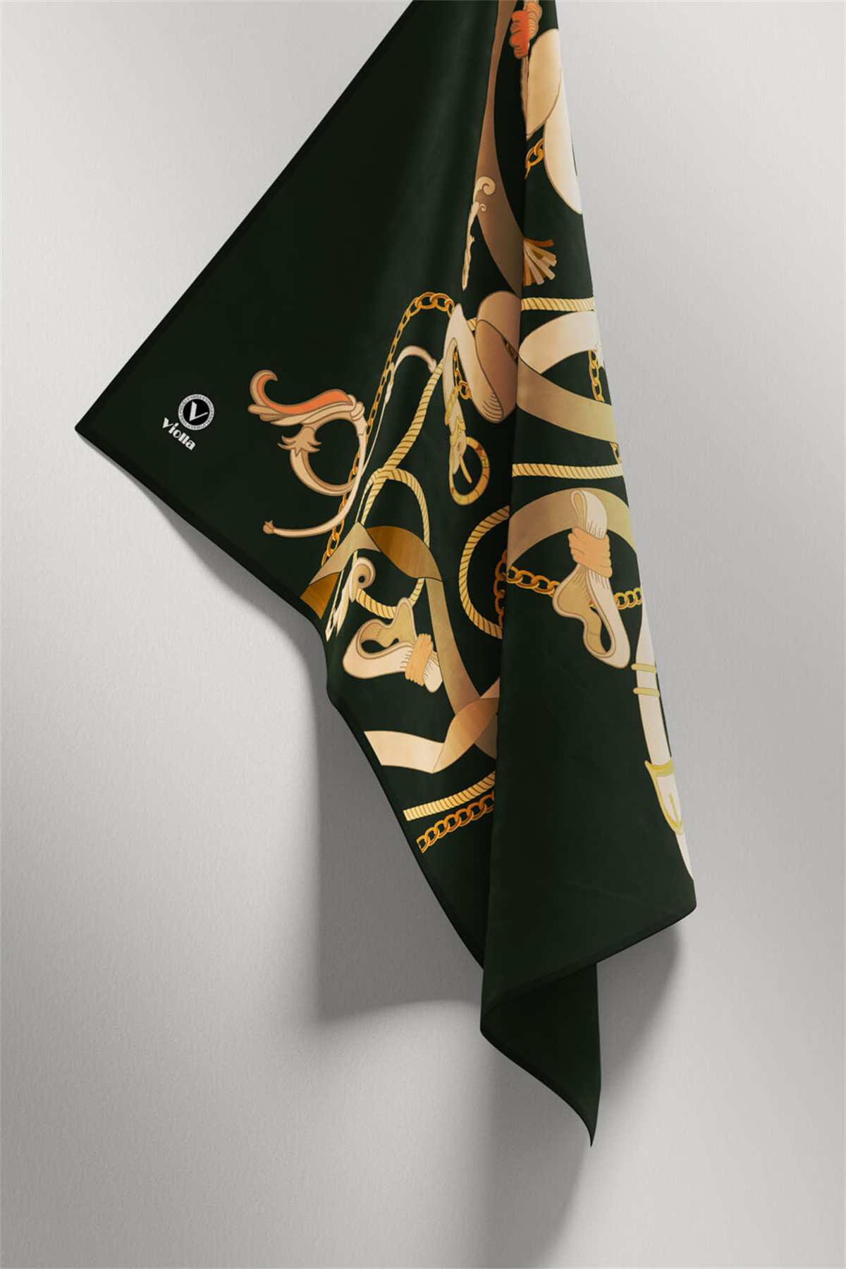 Twill Kemerli Ve Zincir Desenli Zümrüt Yeşili Renkli 90x90 Eşarp (İpek İçermez) Kenar Dikiş Şekli El Dikişli