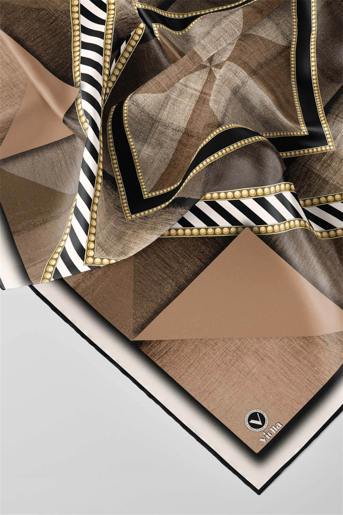 Twill Eskitme Desenli Bej Renkli 90x90 Eşarp (İpek İçermez) Kenar Dikiş Şekli El Dikişli