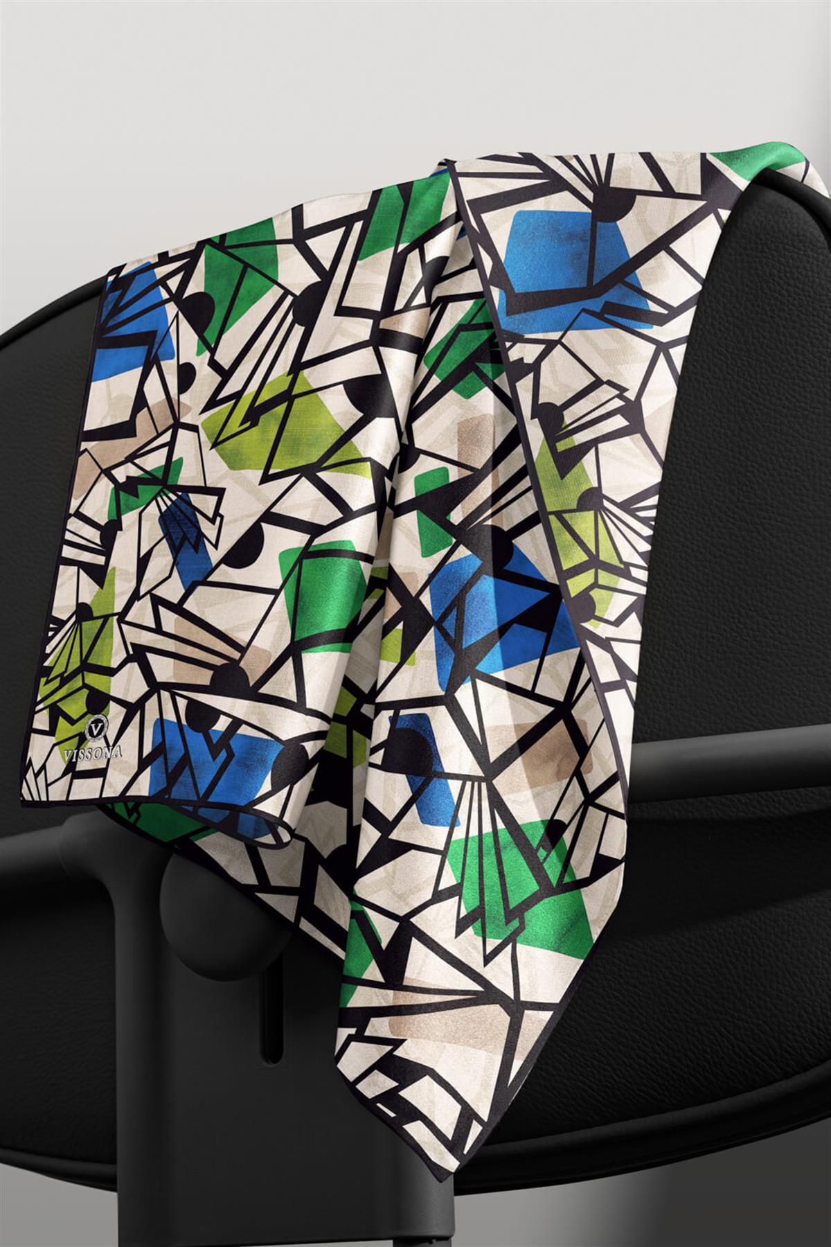 %100 Twill Renkli Petek Desenli Saks - Benetton Yeşili Renkli 90x90 Eşarp Dikim Şekli: El Dikişii