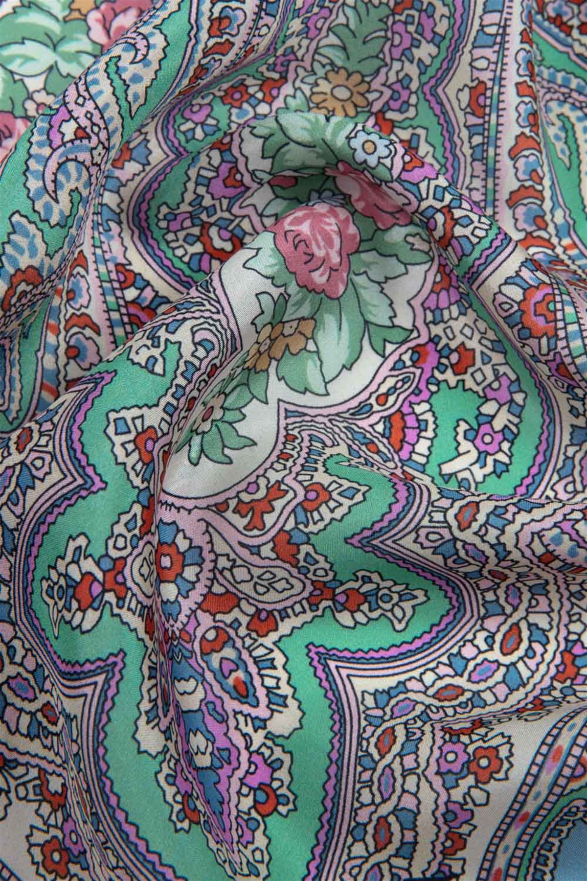 %100 İpek Etro Desenli Bej - Lila Renkli 92x210 Şal