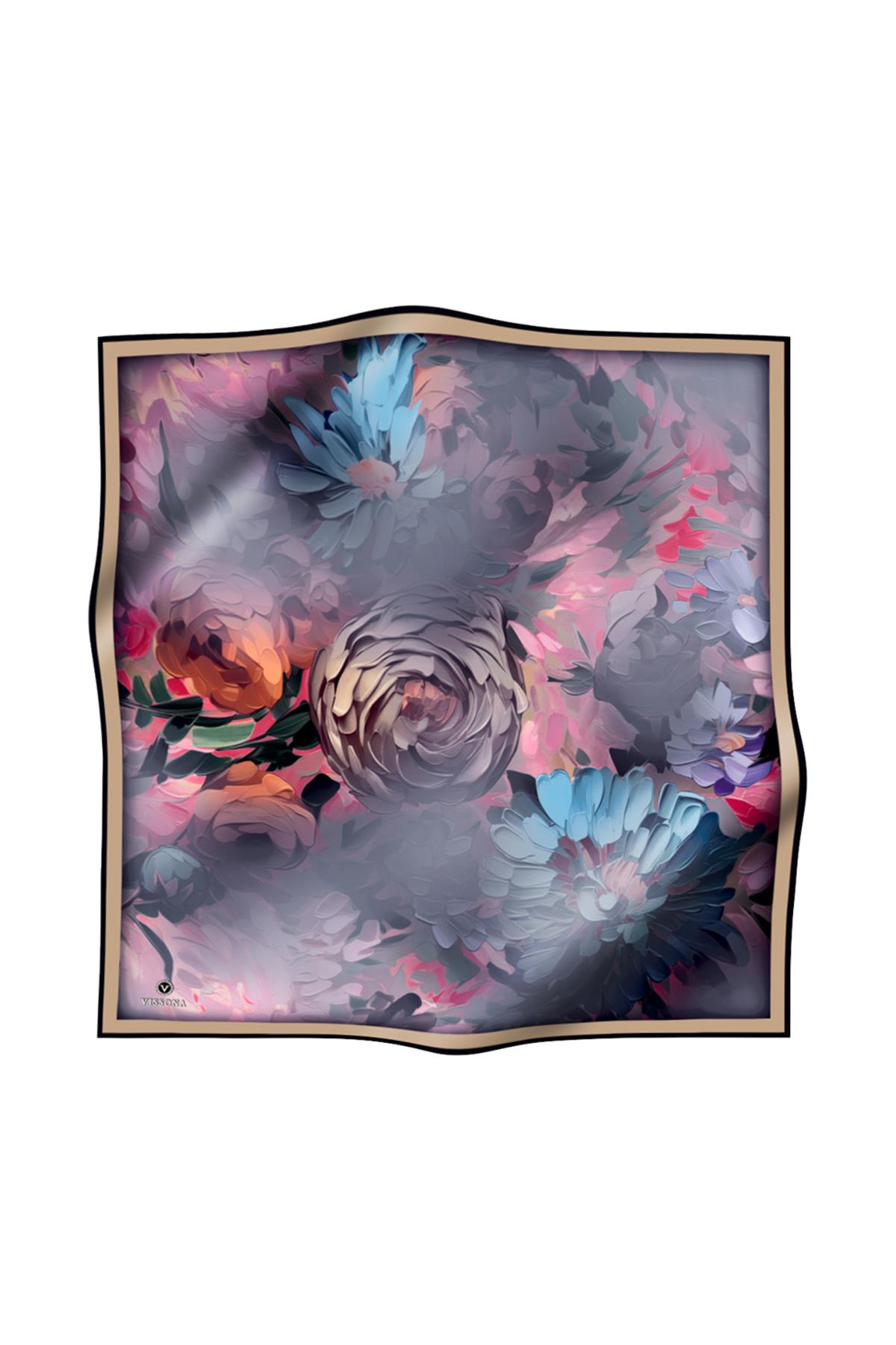 %100 Twill İpek Dumanlı Çiçek Desenli Gri - Saks Renkli 90x90 Eşarp Kenar Dikiş Şekli El Dikişli