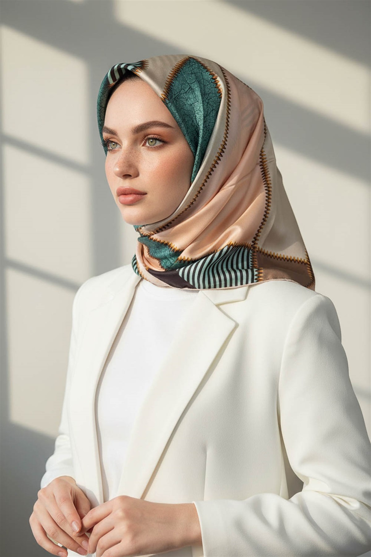 %100 Twill İpek Geometrik Desenli Zümrüt Yeşili - Somon Renkli 90x90 Eşarp Dikim Şekli : El Dikişi