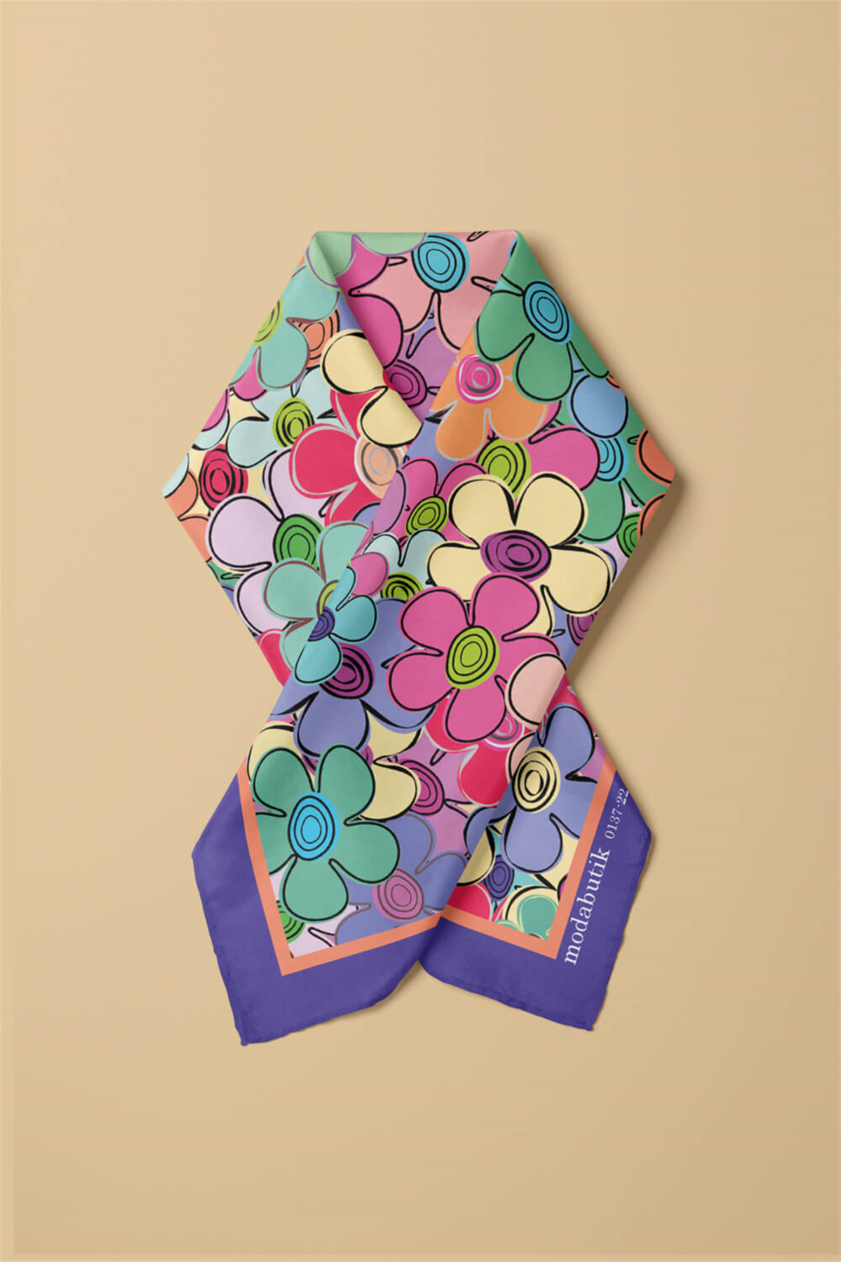 E15 Kadın Çiçek Desenli Bandana 50x50 Mor DG0137-22